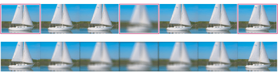 Highlighted frames indicate where Blur effect keyframes are placed in the timeline.  The Blur effect is interpolated for in-between frames.