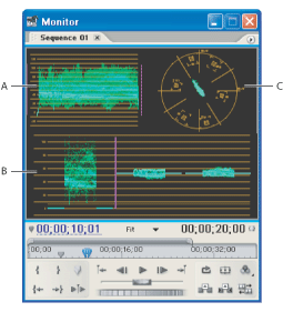 Illustration of
Program view set to Vect/Wave/YCbCr Parade with these callouts: A. Waveform
monitor B. Vectorscope C. YCbCr Parade