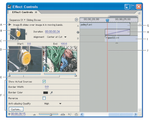 Illustration of Effects Controls window with these callouts: A. Preview button B. Transition preview C. Edge selector D. Previews E. Start/end frames sliders F. Options G. Clip A (first clip) H. Transition I. Clip B (second clip) J. Current-time indicator