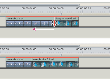 Timeline window during (above) and after (below) a rolling edit 