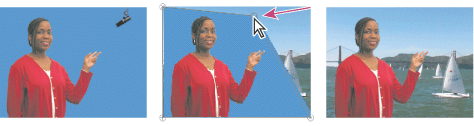 Микрофон (слева) скрыт маской путем перемещения манипуляторов изображения в Предпросмотре окна Монитор (центр), создавая мусорную связанную часть экрана, которая затем выключается и накладывается на задний план (справа).